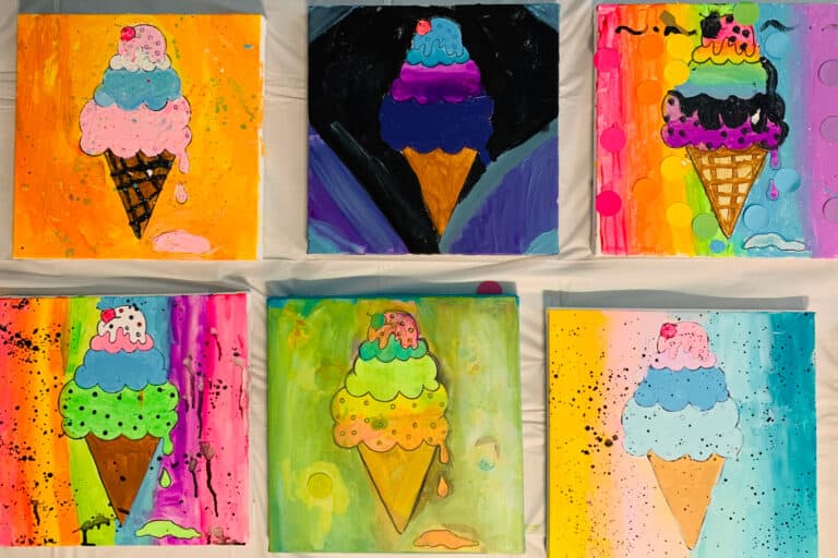 Six colorful ice cream cone canvas paintings by kids