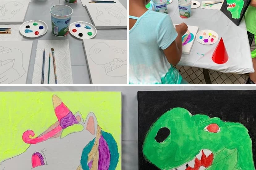 Kids painting canvases with unicorn and dinosaur designs