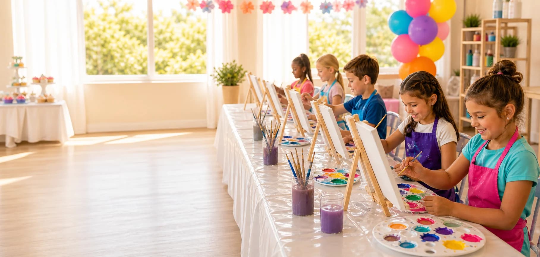 Kids painting together at a party table with canvases, easels, brushes, and colorful paint