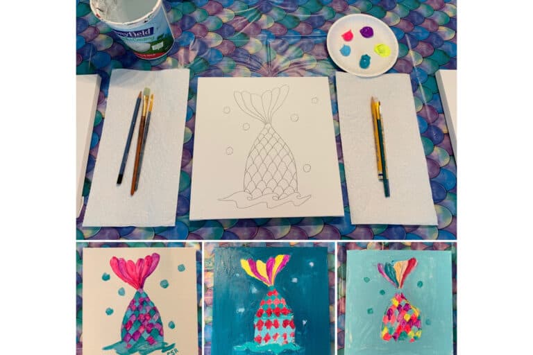 Mermaid tail canvas sketch with brushes and three finished paintings