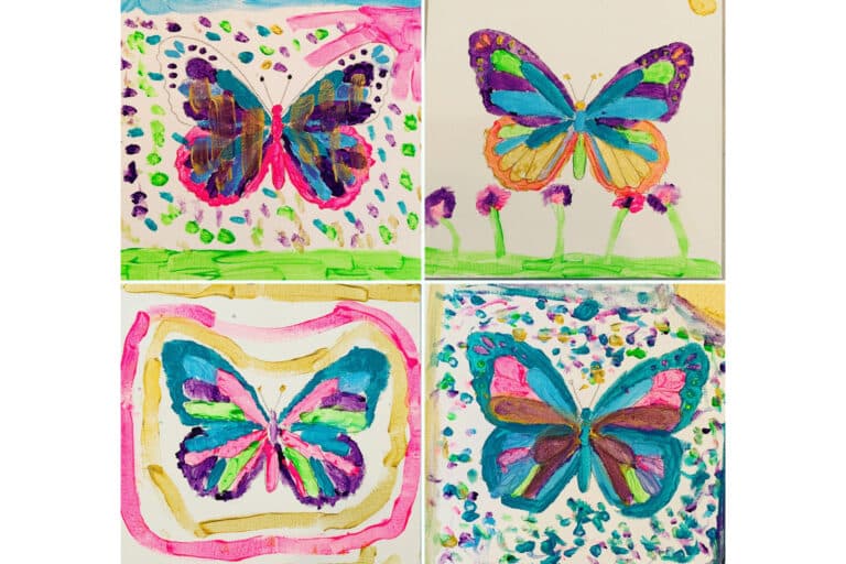 Four colorful butterfly canvas paintings by kids