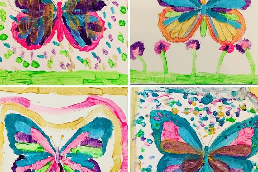 Four colorful butterfly canvas paintings by kids