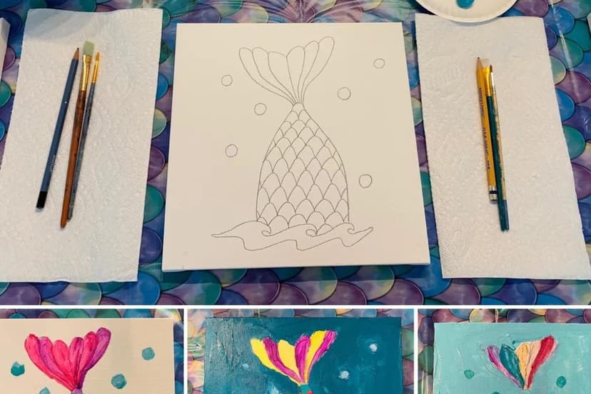 Mermaid tail canvas sketch with finished painting examples